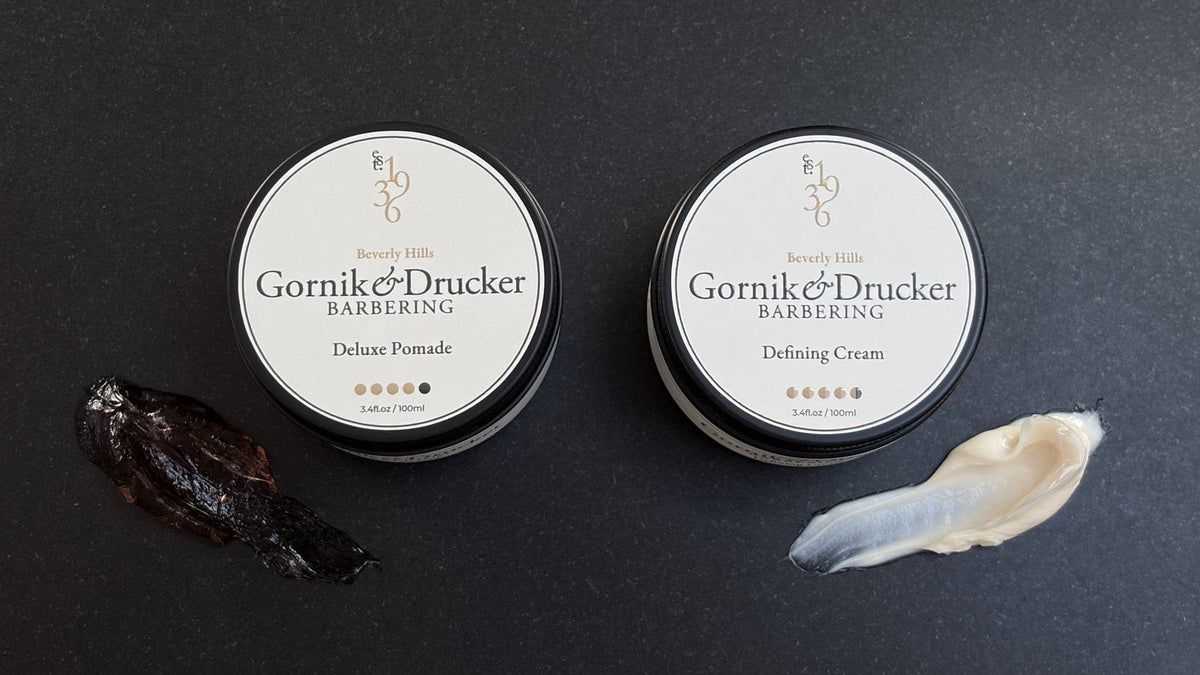 Gornik & Drucker Deluxe Pomade and Defining Cream, side by side with a swatch of each