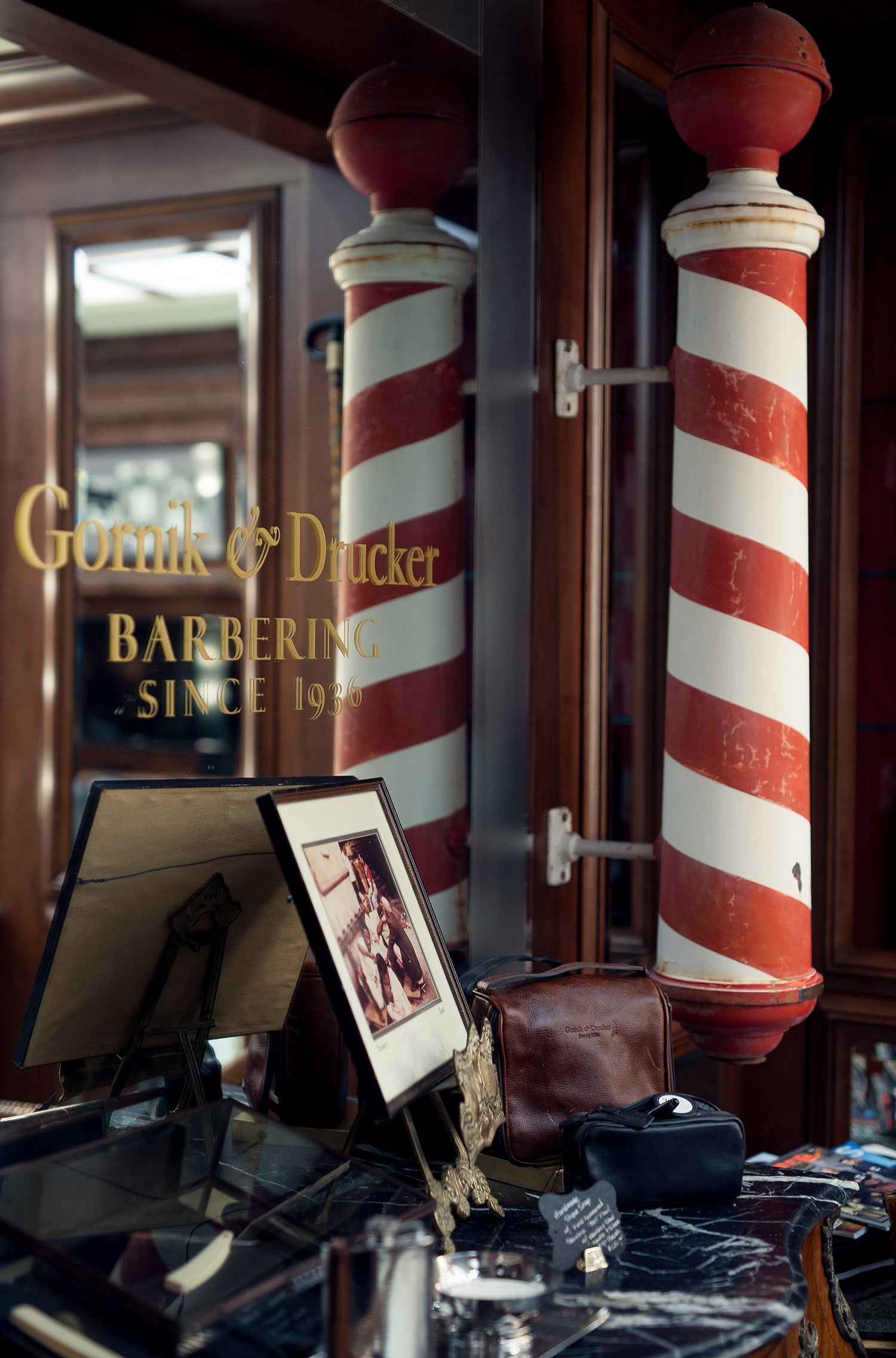 The barber pole inside the Gornik & Drucker barbershop in Beverly Hills