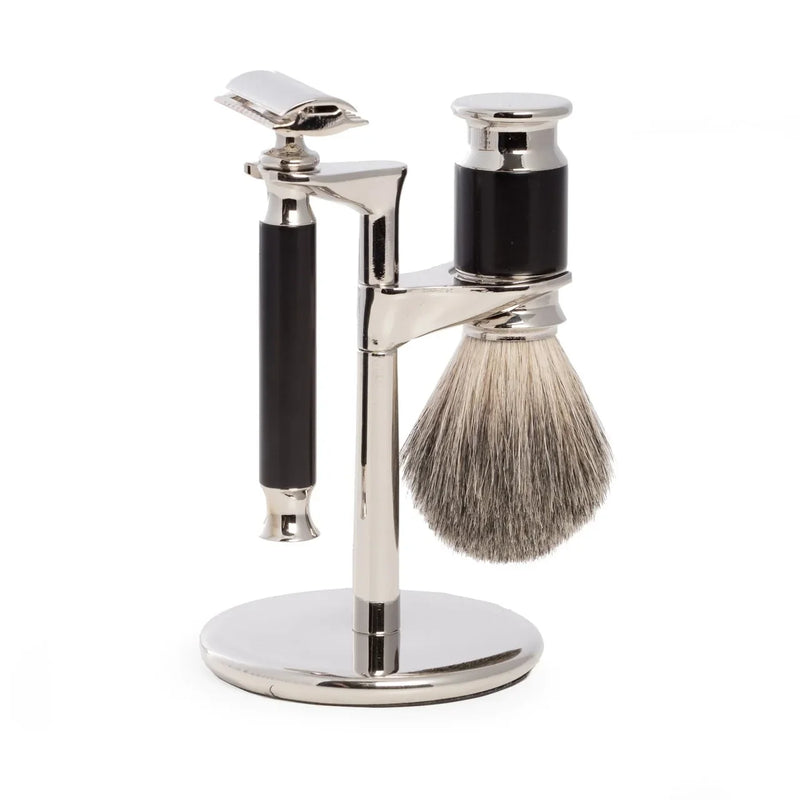 Gornik & Drucker chrome shave stand, razor and badger brush with cream and gel