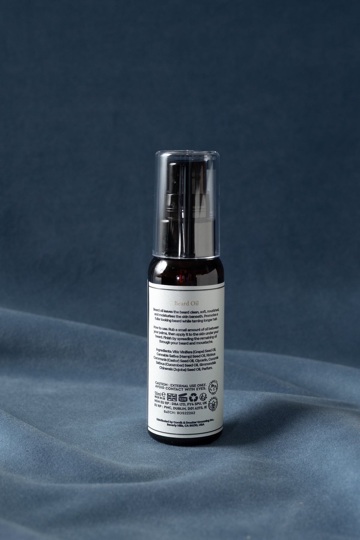 Back label of Gornik & Drucker Beard Oil with directions and ingredients