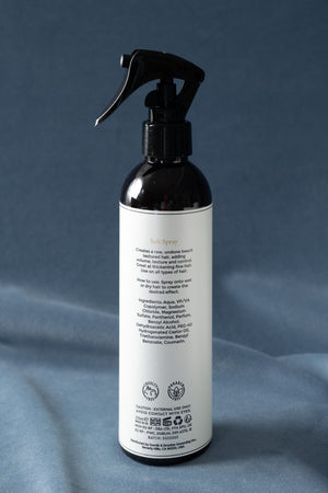 Back label of Gornik & Drucker Sea Salt Spray with directions and ingredients