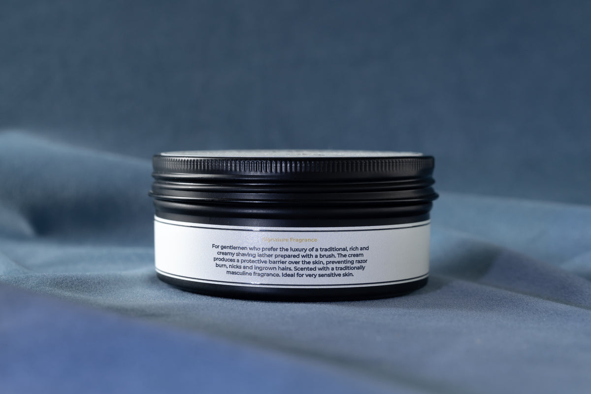 Back label of Gornik & Drucker Shaving Cream with directions and ingredients